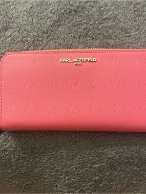 Karl Lagerfeld Paris Pink Zip-Around Saffiano Wallet in Hot Coral